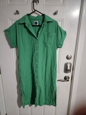 Navybleu Green Button-Front Shirt Dress 100% Cotton Large Minmialist
